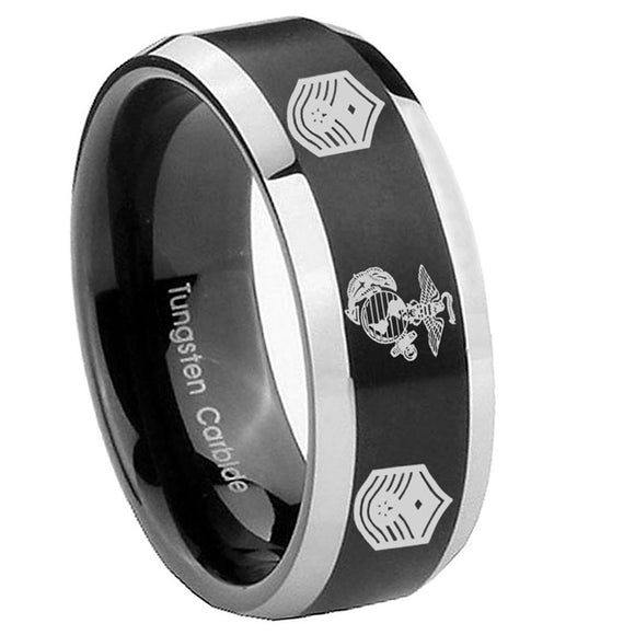 10mm-Marine-Chief-Master-Sergeant--Beveled-Brush-Black-2-Tone-Tungsten-Mens-Wedding-Band
