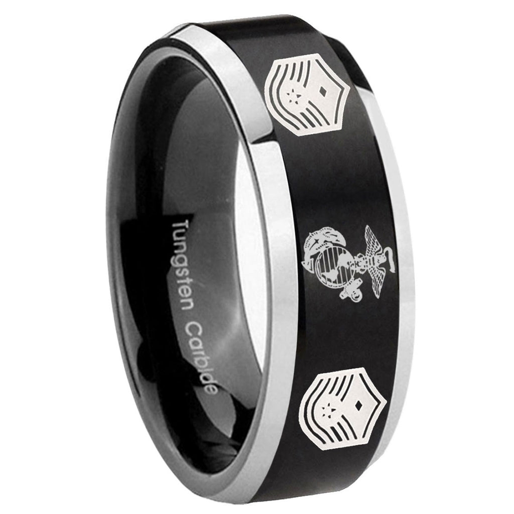 10mm Marine Chief Master Sergeant Beveled Brush Black 2 Tone Tungsten Mens Wedding Band