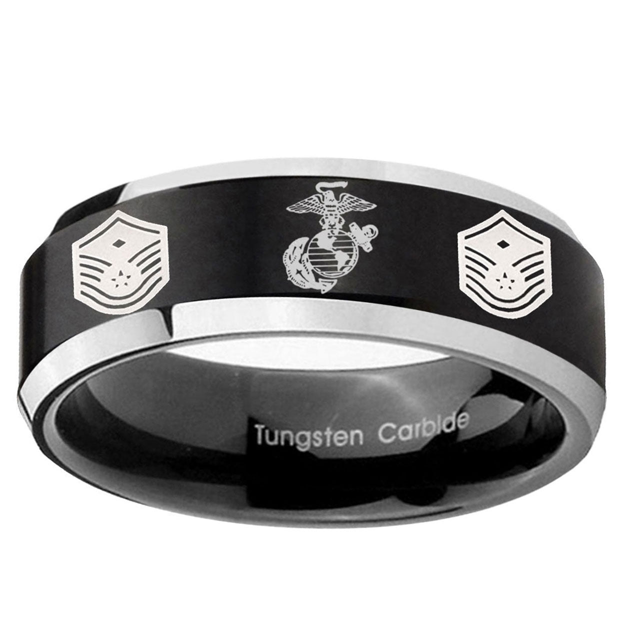 10mm Marine Chief Master Sergeant Beveled Brush Black 2 Tone Tungsten Mens Wedding Band