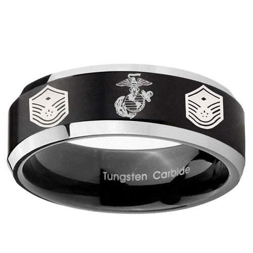 10mm Marine Chief Master Sergeant Beveled Brush Black 2 Tone Tungsten Mens Wedding Band