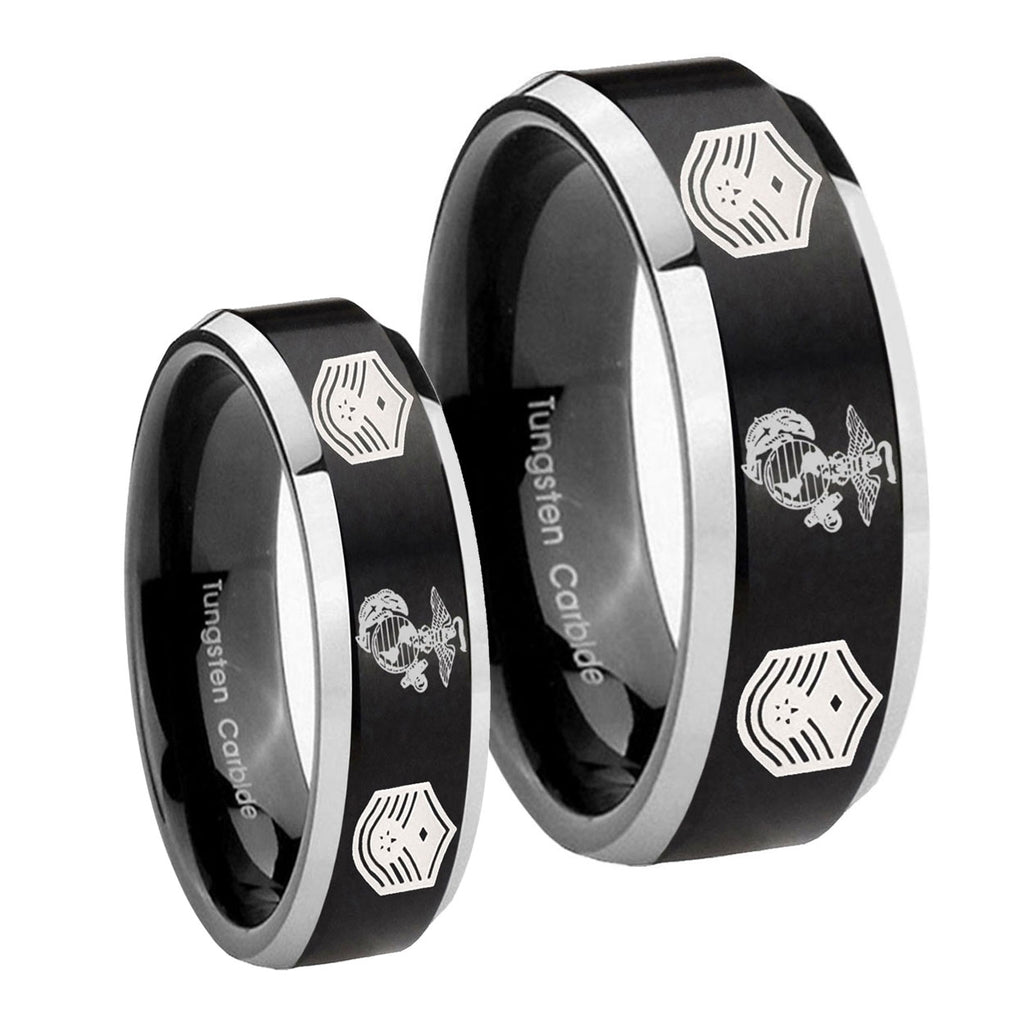 Marine Chief Master Sergeant Beveled Brush Black 2 Tone Tungsten Wedding Set Rings