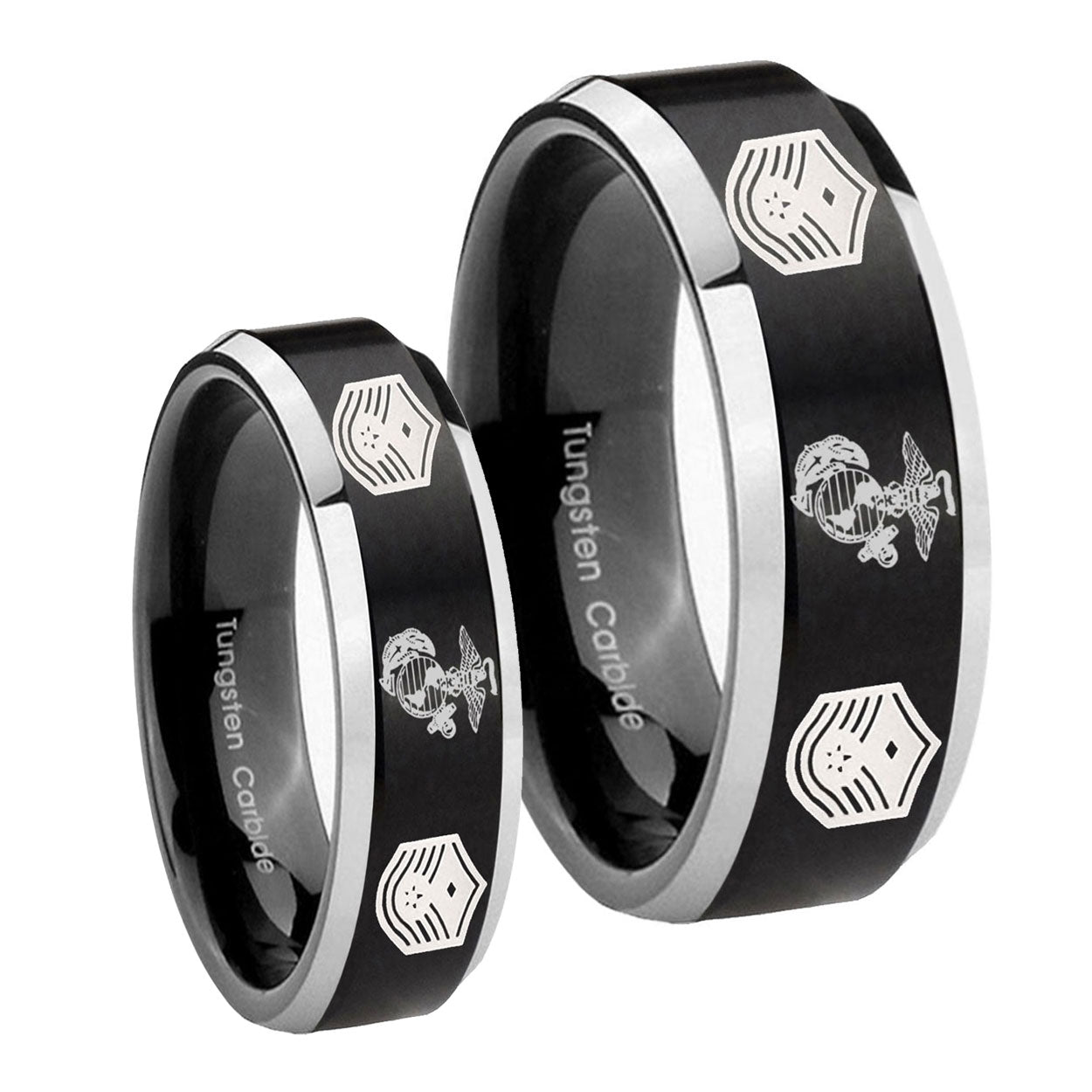 Marine Chief Master Sergeant Beveled Brush Black 2 Tone Tungsten Wedding Set Rings