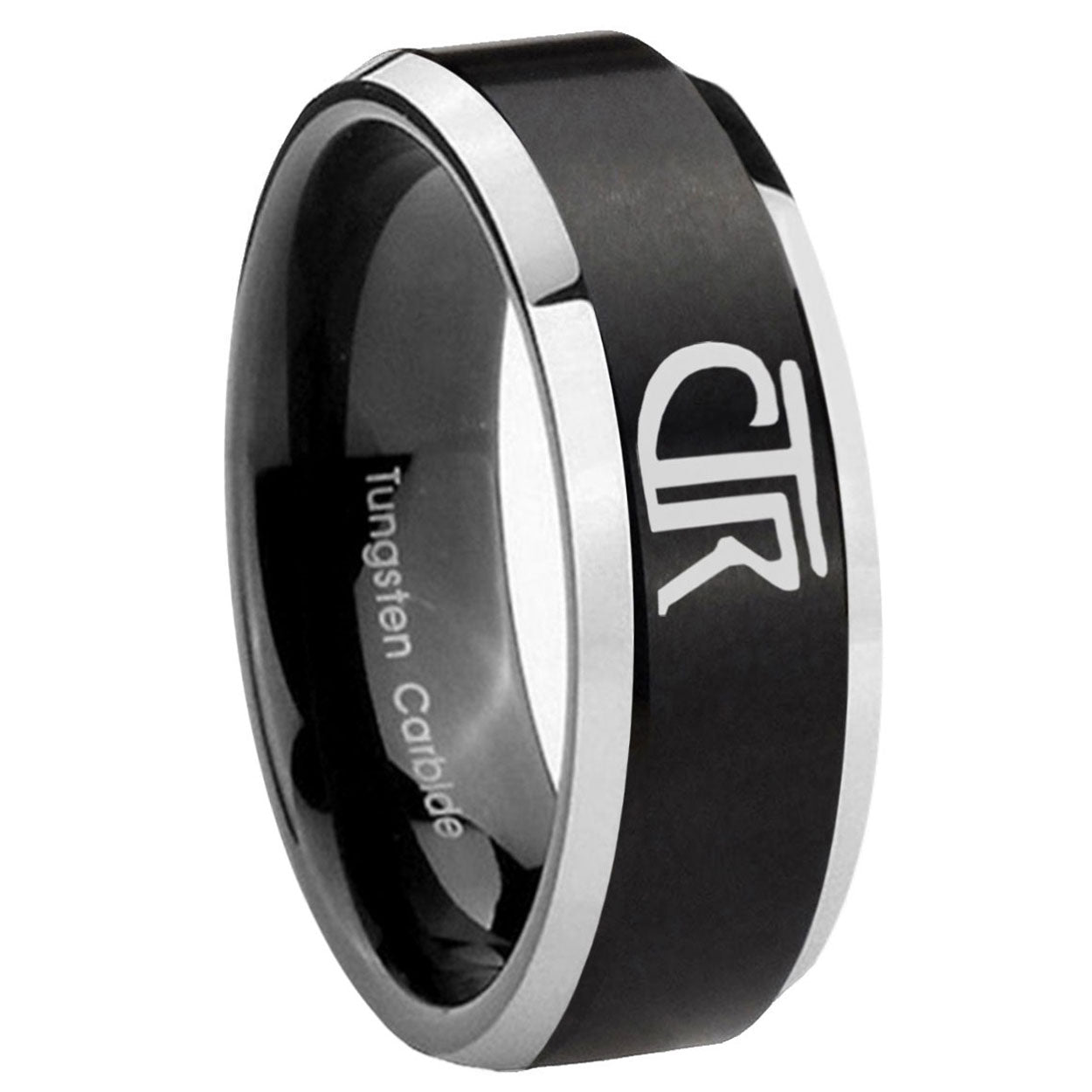 8MM CTR Beveled Two Tone Black Tungsten Mens Wedding Rings