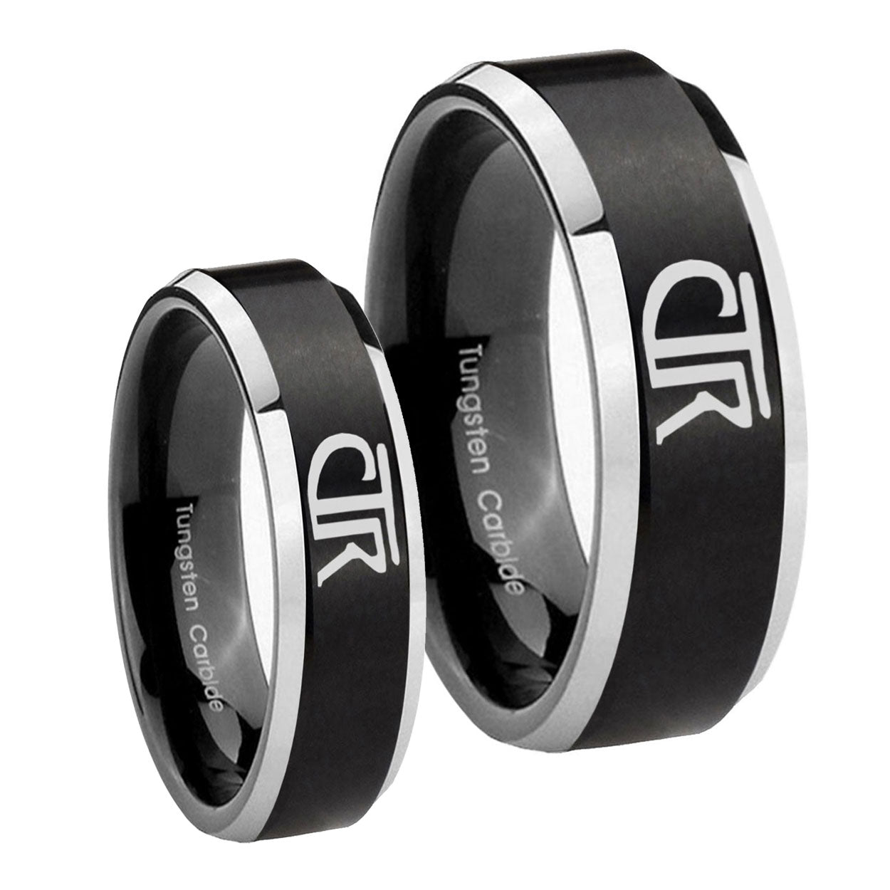 CTR Beveled Edges Brush Black 2 Tone Tungsten His Hers Set Rings