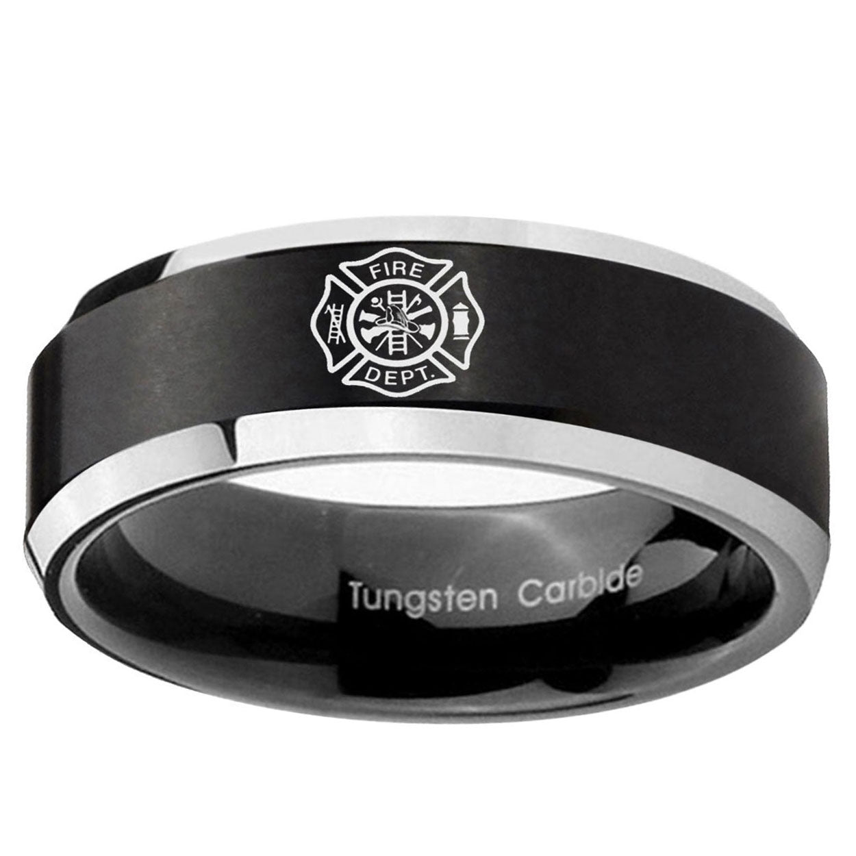 10mm Fire Department Beveled Edge Brush Black 2 Tone Tungsten Bands Ring