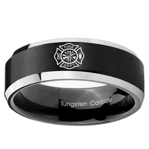 10mm Fire Department Beveled Edge Brush Black 2 Tone Tungsten Bands Ring