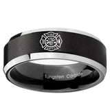 5, 8mm Fire Department Beveled Edge Brush Black 2 Tone Tungsten Ring