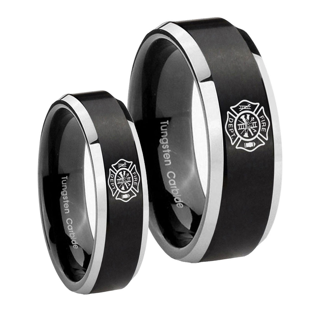 Fire Department Beveled Brush Black 2 Tone Tungsten Couple Rings