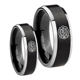 His Hers Fire Department Beveled Brush Black 2 Tone Tungsten Ring Set