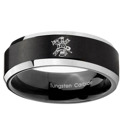 10mm Fireman Beveled Edge Brush Black 2 Tone Tungsten Ring