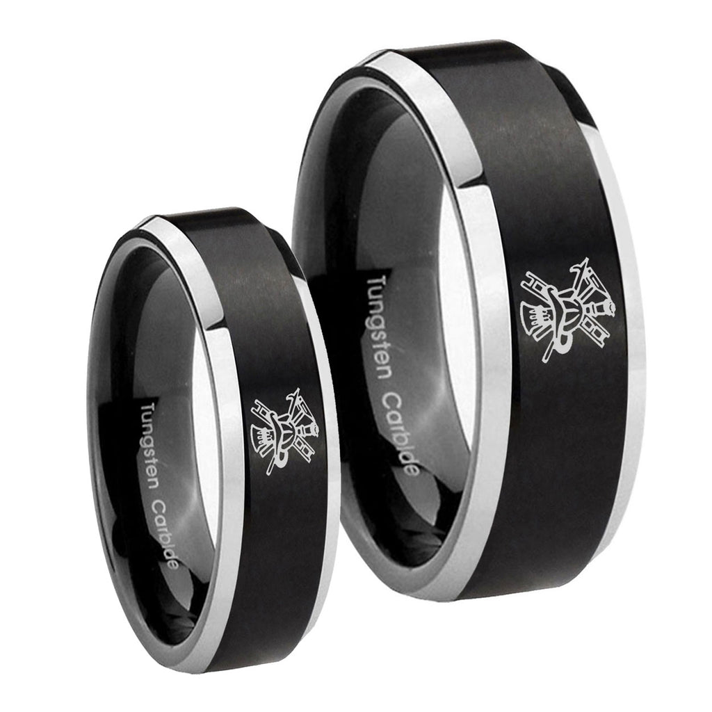 Fireman Beveled Edges Brush Black 2 Tone Tungsten Bridal Set Rings