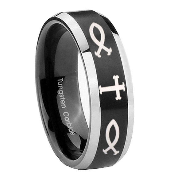 8mm-Fish-&-Cross-Beveled-Edges-Brush-Black-2-Tone-Tungsten-Mens-Engagement-Ring