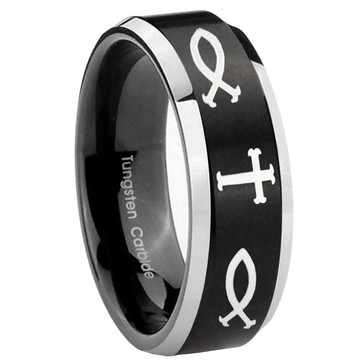 8MM Fish And Cross Beveled Two Tone Black Tungsten Mens Engagement Ring