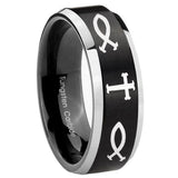 10mm Fish & Cross Beveled Edges Brush Black 2 Tone Tungsten Engagement Ring