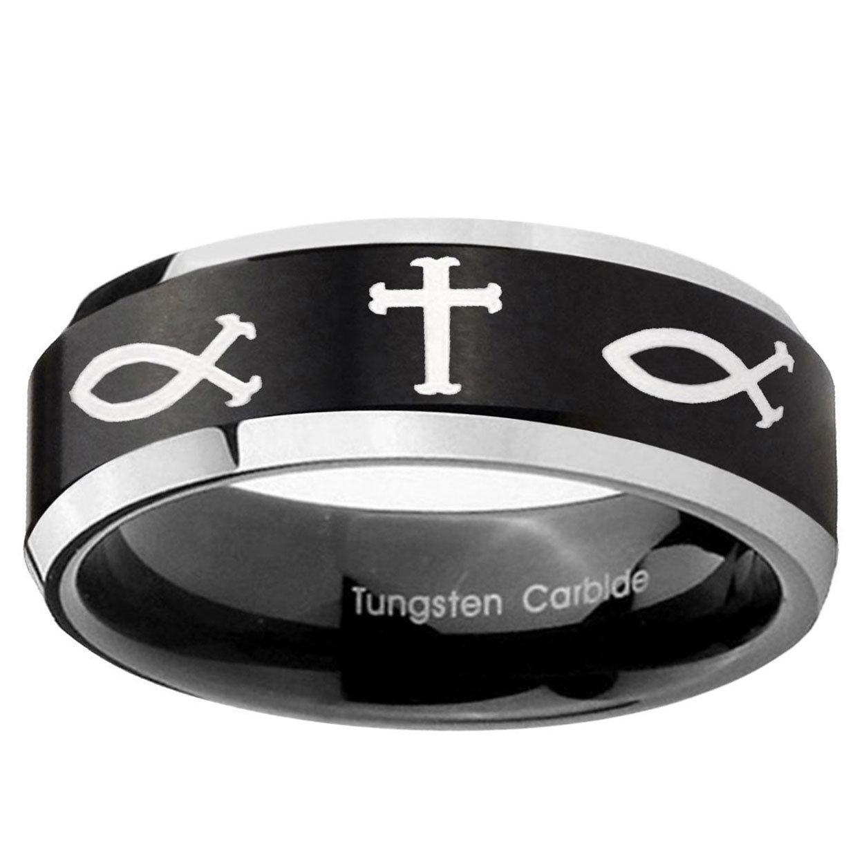 5MM Fish And Cross Beveled Two Tone Black Tungsten Mens Engagement Ring