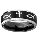 10mm Fish & Cross Beveled Edge Brush Black 2 Tone Tungsten Ring