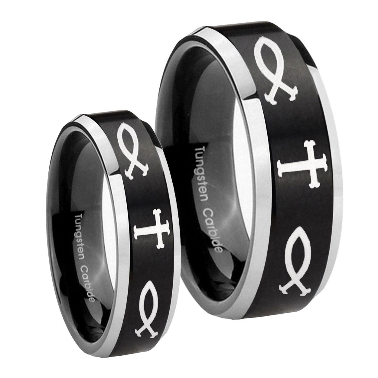 Fish & Cross Beveled Edges Brush Black 2 Tone Tungsten Wedding Set Ring
