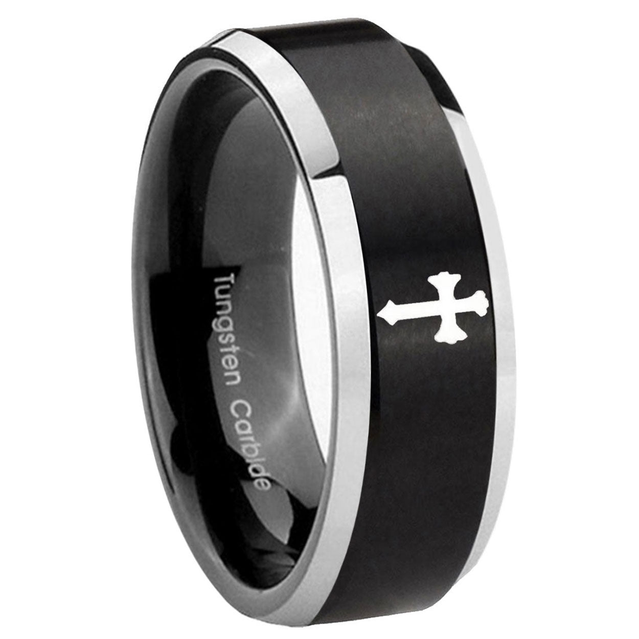 10mm Flat Christian Cross Beveled Brush Black 2 Tone Tungsten Engraved Ring