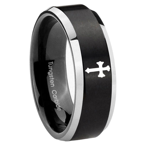 10mm Flat Christian Cross Beveled Brush Black 2 Tone Tungsten Engraved Ring