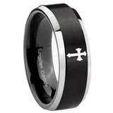8mm Flat Christian Cross Beveled Edges Brush Black 2 Tone Tungsten Men's Ring