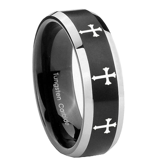 10mm-Multiple-Christian-Cross-Beveled-Brush-Black-2-Tone-Tungsten-Bands-Ring