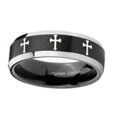 10mm-Multiple-Christian-Cross-Beveled-Brush-Black-2-Tone-Tungsten-Bands-Ring