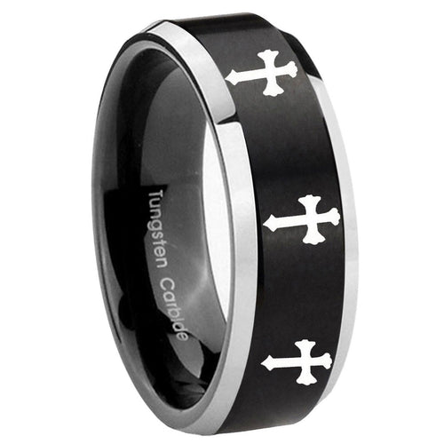 10mm Multiple Christian Cross Beveled Brush Black 2 Tone Tungsten Bands Ring