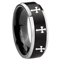 8MM Multiple Christian Cross Beveled Two Tone Black Tungsten Mens Ring