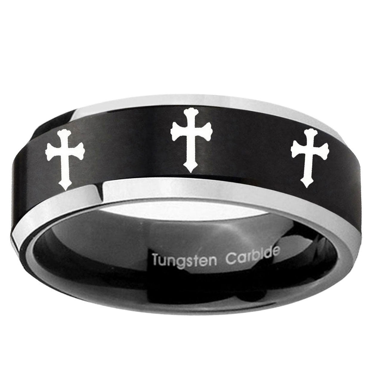 10mm Multiple Christian Cross Beveled Brush Black 2 Tone Tungsten Bands Ring
