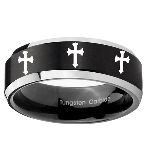 10mm Multiple Christian Cross Beveled Brush Black 2 Tone Tungsten Bands Ring
