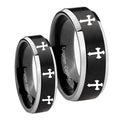 Multiple Christian Cross Beveled Brush Black 2 Tone Tungsten Bridal Set Rings