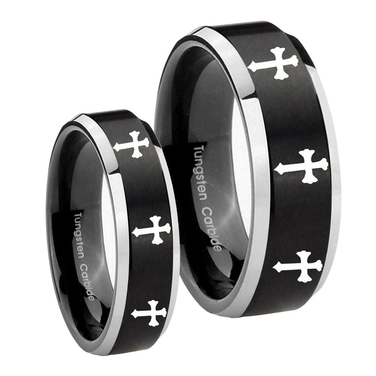Multiple Christian Cross Beveled Brush Black 2 Tone Tungsten Bridal Set Rings