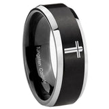 10mm Flat Christian Cross Beveled Edges Brush Black 2 Tone Tungsten Bands Ring