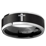 10mm Flat Christian Cross Beveled Edge Brush Black 2 Tone Tungsten Bands Ring