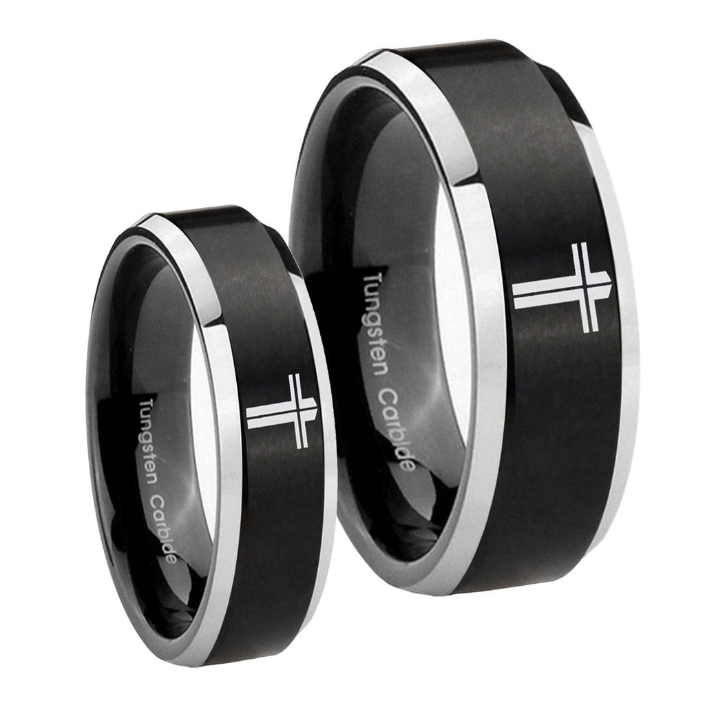 Flat Christian Cross Beveled Brush Black 2 Tone Tungsten Mens Ring Set