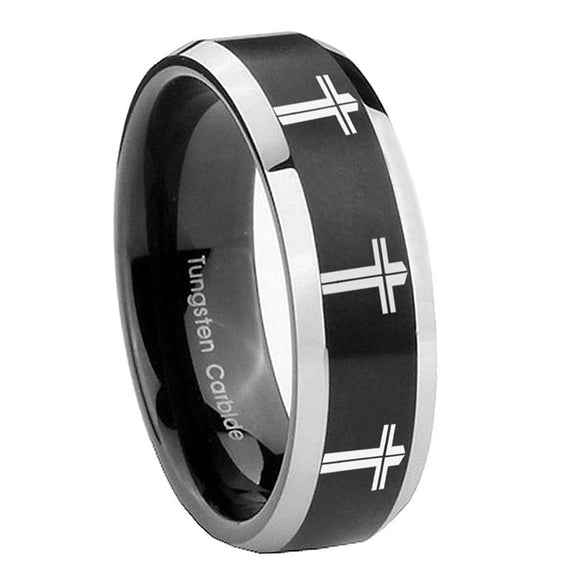 10mm-Multiple-Christian-Cross-Beveled-Brush-Black-2-Tone-Tungsten-Men's-Ring