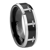 10mm-Multiple-Christian-Cross-Beveled-Brush-Black-2-Tone-Tungsten-Men's-Ring