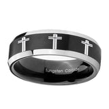 10mm-Multiple-Christian-Cross-Beveled-Brush-Black-2-Tone-Tungsten-Men's-Ring