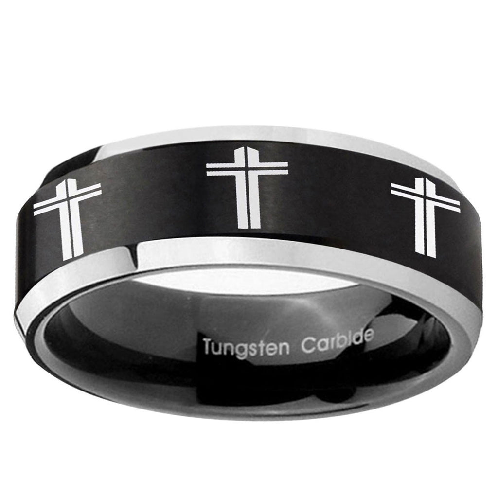 5MM Multiple Christian Cross Beveled Two Tone Black Tungsten Ring Men