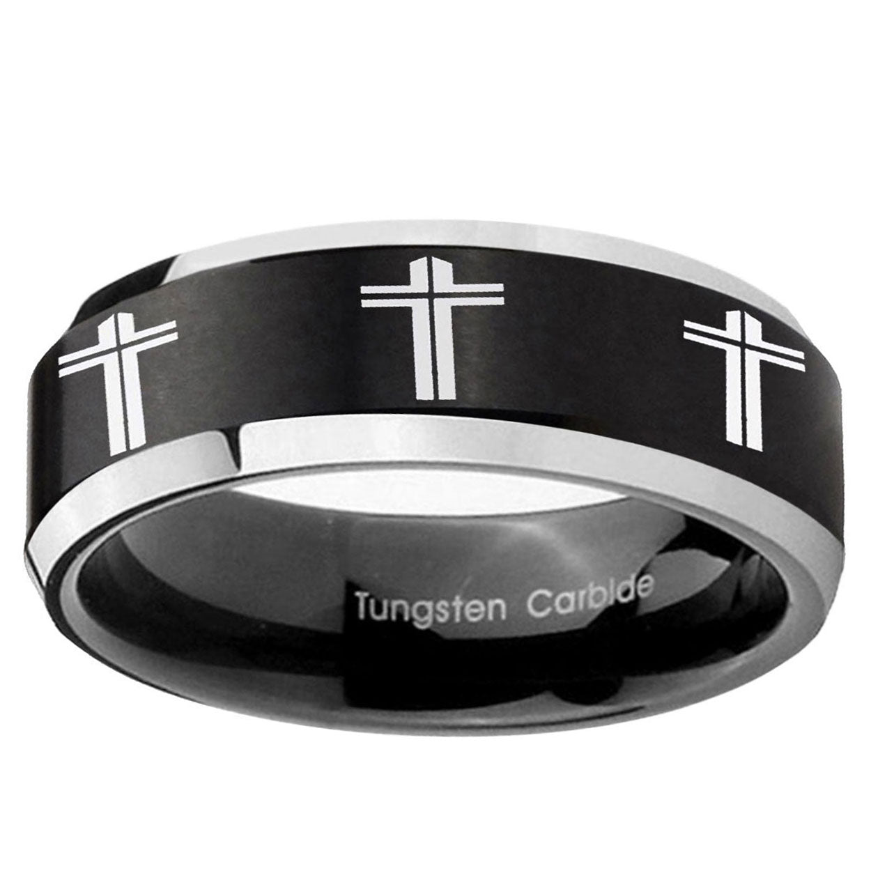 5MM Multiple Christian Cross Beveled Two Tone Black Tungsten Ring Men