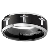 10mm Multiple Christian Cross Beveled Brush Black 2 Tone Tungsten Men's Ring