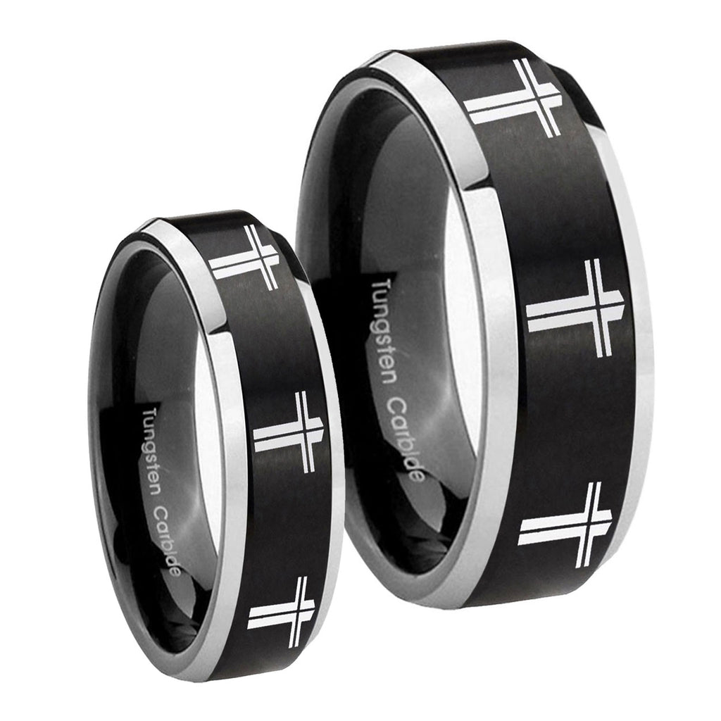 Multiple Christian Cross Beveled Brush Black 2 Tone Tungsten Wedding Set Rings