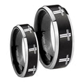 Multiple Christian Cross Beveled Brush Black 2 Tone Tungsten Wedding Set Rings