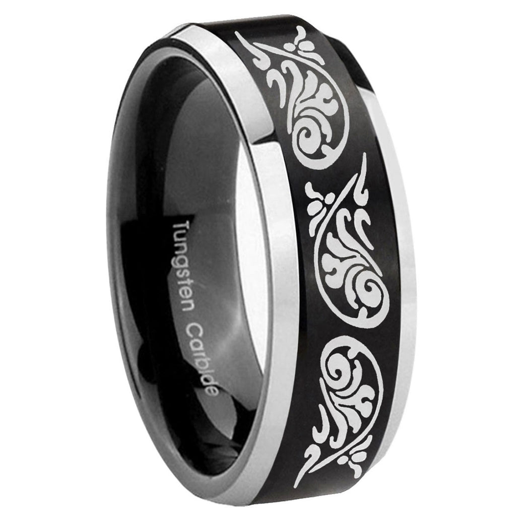 10mm Etched Tribal Pattern Beveled Brush Black 2 Tone Tungsten Engraved Ring