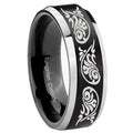 10mm Etched Tribal Pattern Beveled Brush Black 2 Tone Tungsten Engraved Ring