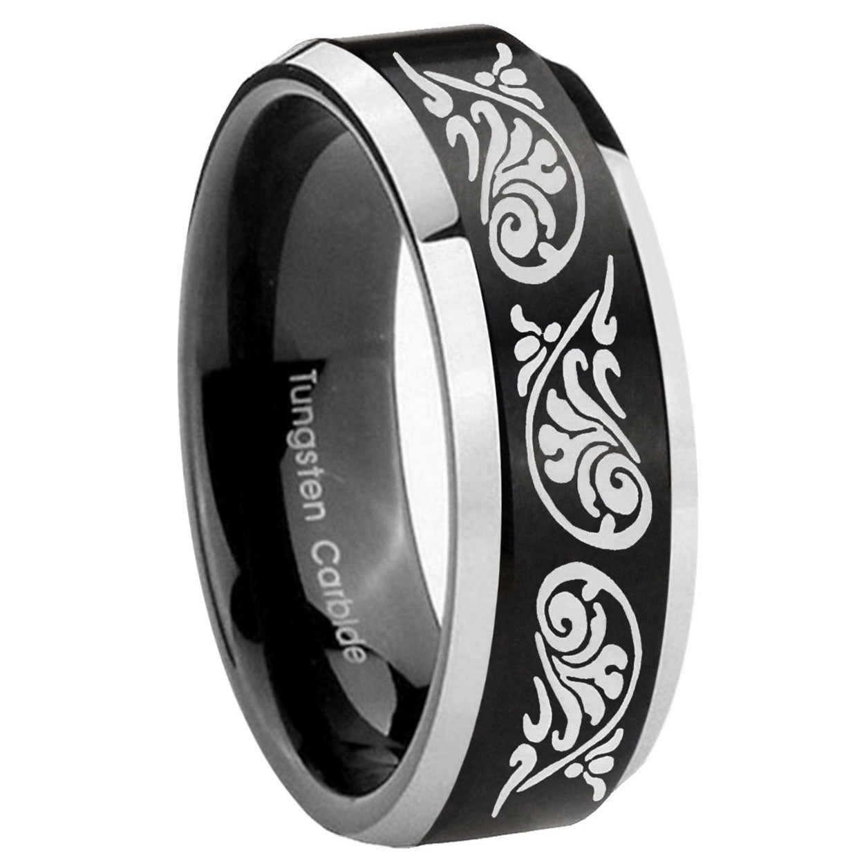 10mm Etched Tribal Pattern Beveled Brush Black 2 Tone Tungsten Engraved Ring