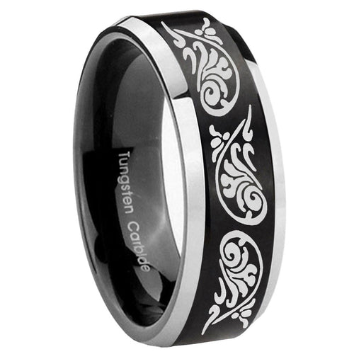 10mm Etched Tribal Pattern Beveled Brush Black 2 Tone Tungsten Engraved Ring