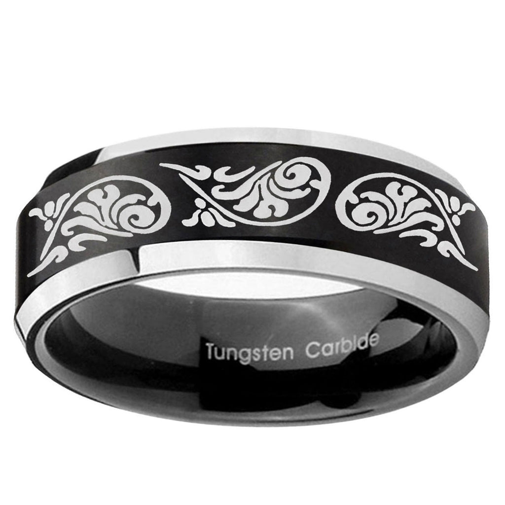 10mm Etched Tribal Pattern Beveled Brush Black 2 Tone Tungsten Engraved Ring
