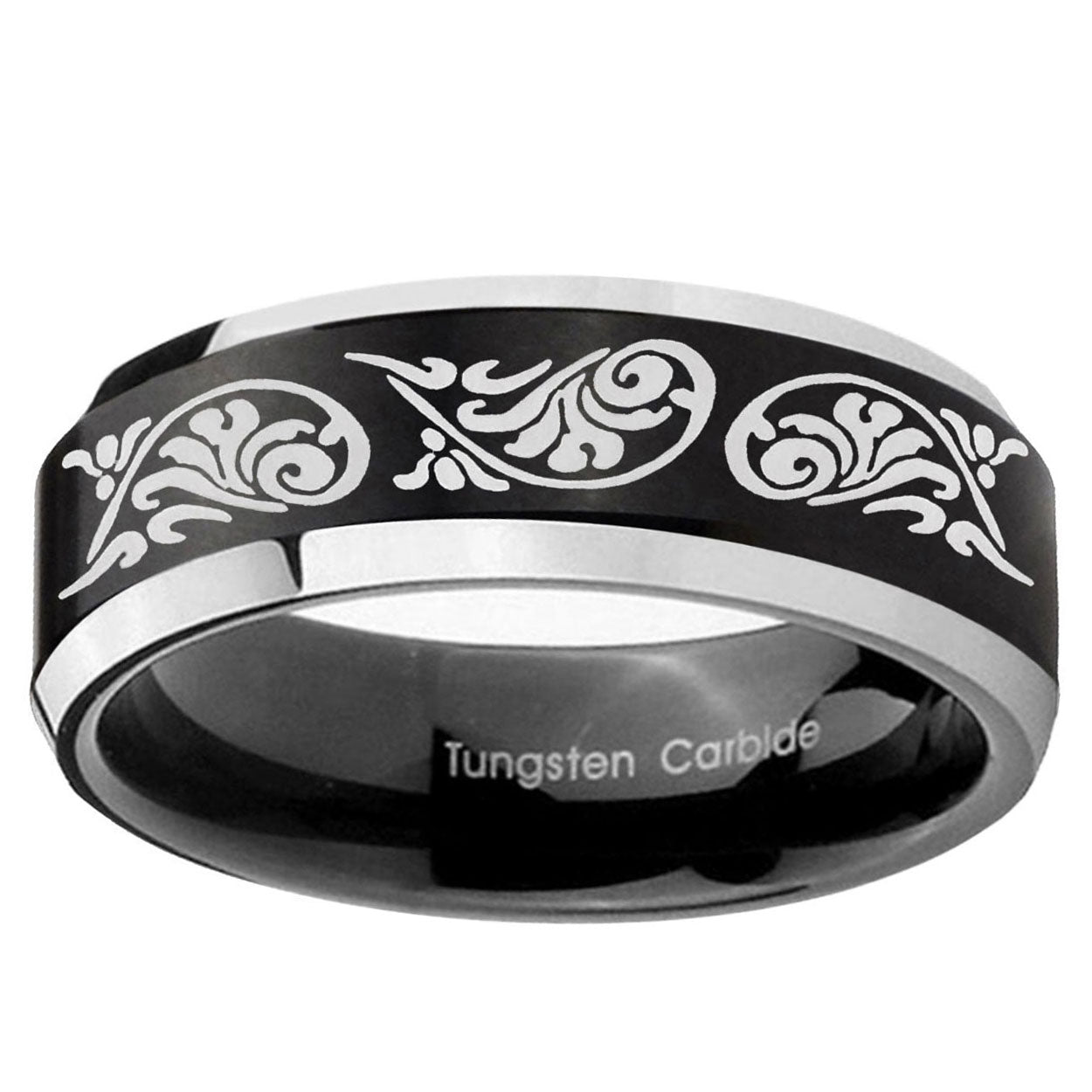 10mm Etched Tribal Pattern Beveled Brush Black 2 Tone Tungsten Engraved Ring