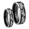 Etched Tribal Pattern Beveled Brush Black 2 Tone Tungsten Bridal Ring Sets